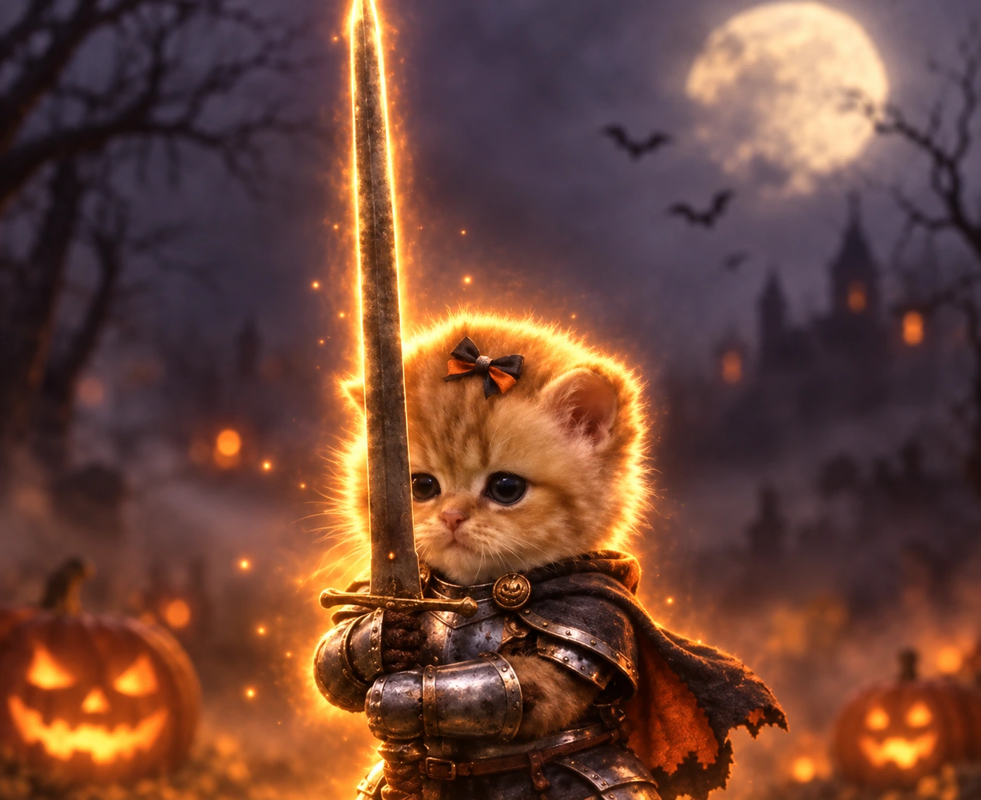 Spooky Swordcat, an orange kitten knight holding a glowing sword